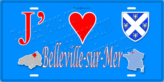 Plaque métal décorative  J' ❤️ Belleville-sur-Mer, Seine Maritime (76) bleu carte