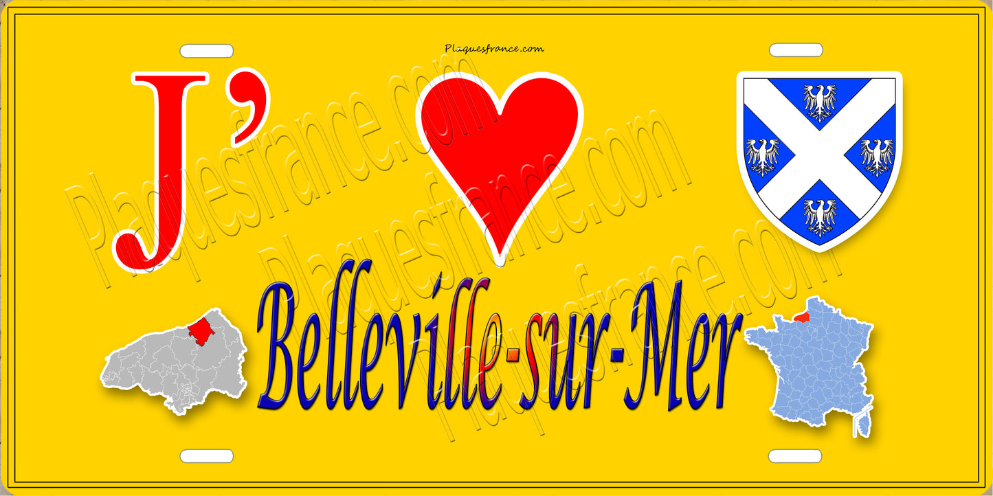 Plaque métal décorative  J' ❤️ Belleville-sur-Mer, Seine Maritime (76) jaune carte
