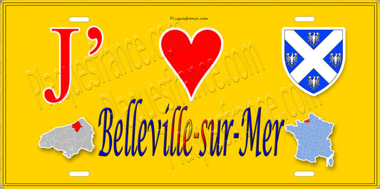Plaque métal décorative  J' ❤️ Belleville-sur-Mer, Seine Maritime (76) jaune carte