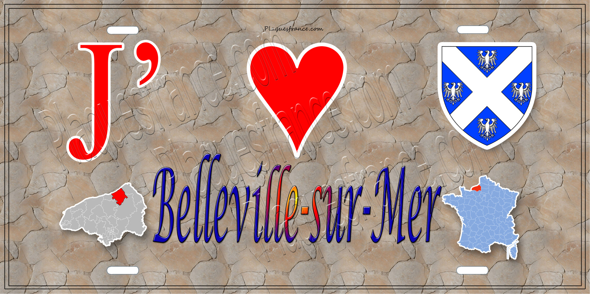 Plaque métal décorative  J' ❤️ Belleville-sur-Mer, Seine Maritime (76) antique carte
