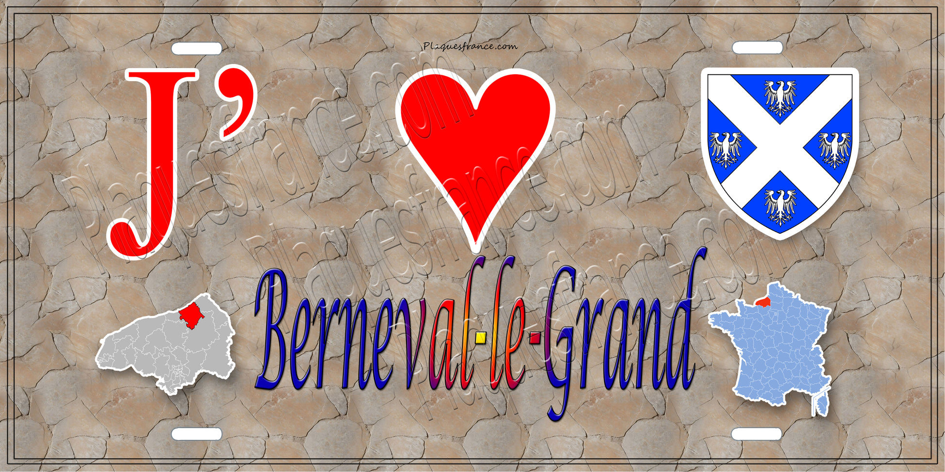Plaque métal décorative  J' ❤️ Berneval-le-Grand, Seine Maritime (76) antique carte