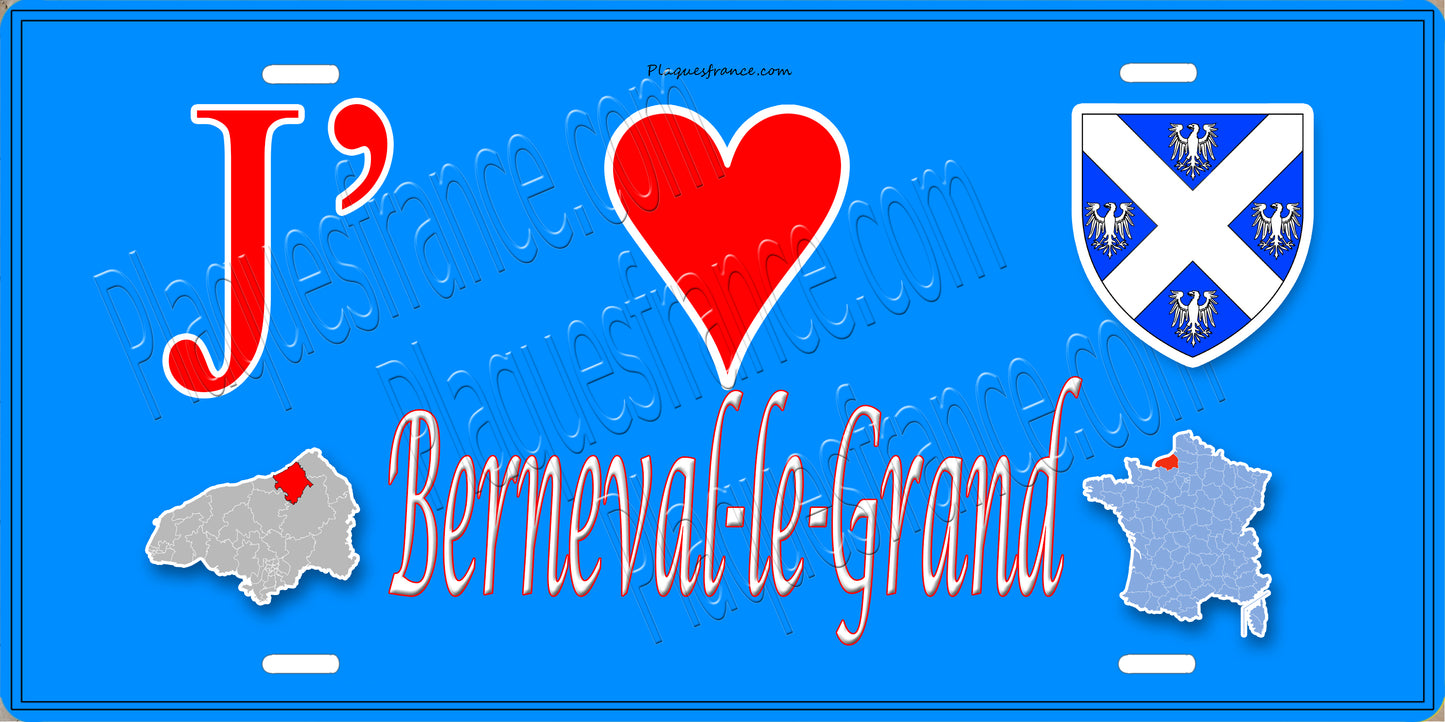 Plaque métal décorative  J' ❤️ Berneval-le-Grand, Seine Maritime (76) bleu carte