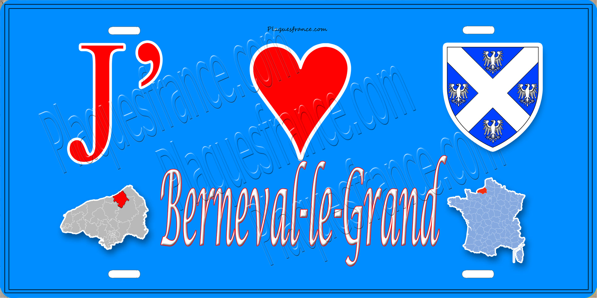 Plaque métal décorative  J' ❤️ Berneval-le-Grand, Seine Maritime (76) bleu carte