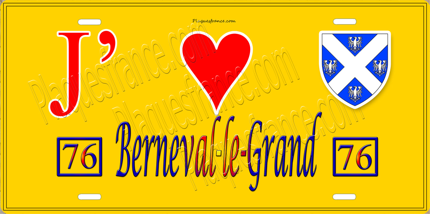 Plaque métal décorative  J' ❤️ Berneval-le-Grand, Seine Maritime (76) jaune