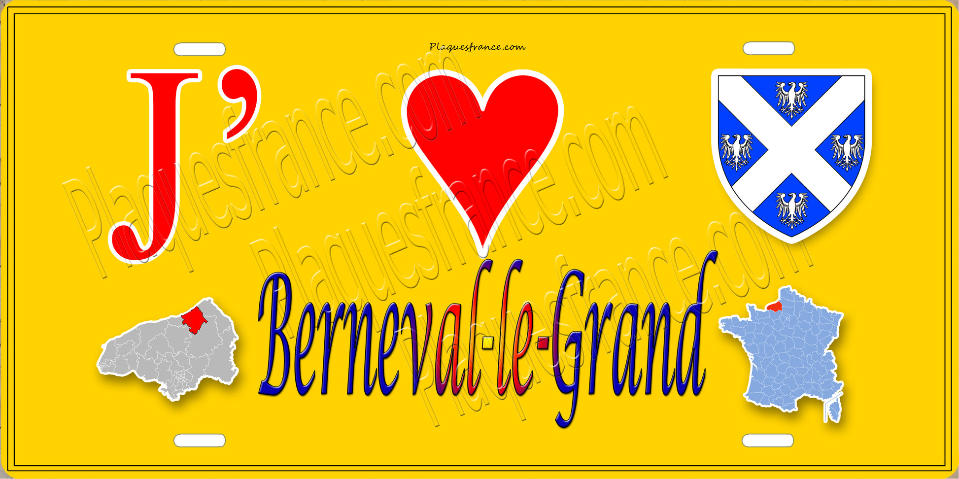 Plaque métal décorative  J' ❤️ Berneval-le-Grand, Seine Maritime (76) jaune crte