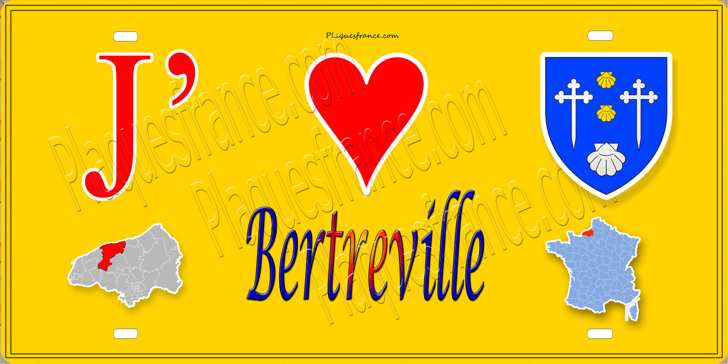Plaque métal décorative 15X30 J' ❤️ Bertreville, Seine Maritime (76) jaune carte
