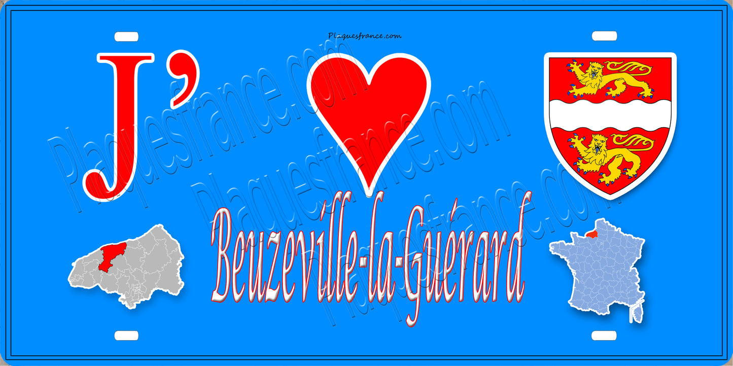 Plaque métal décorative 15X30 J' ❤️ Beuzeville-la-Guérard, Seine Maritime (76) bleu carte