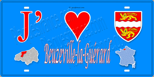 Plaque métal décorative 15X30 J' ❤️ Beuzeville-la-Guérard, Seine Maritime (76) bleu carte