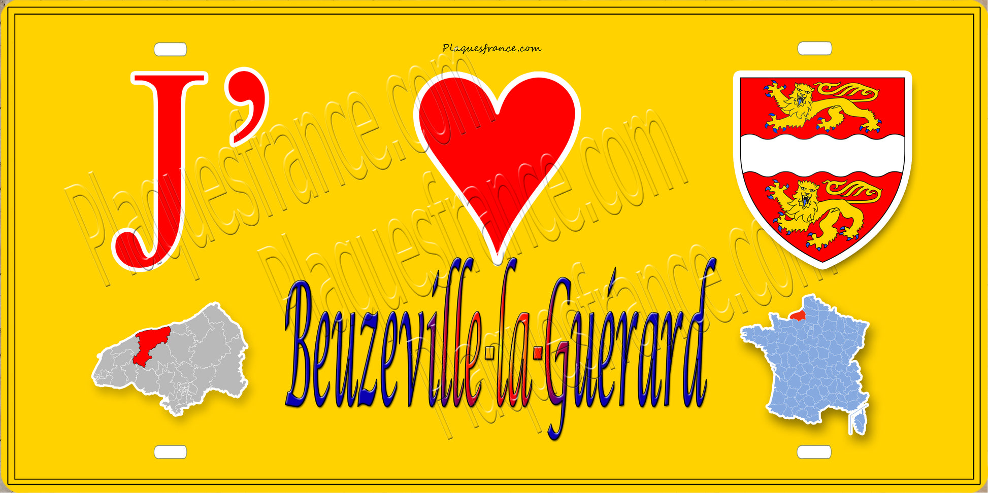 Plaque métal décorative 15X30 J' ❤️ Beuzeville-la-Guérard, Seine Maritime (76) jaune carte