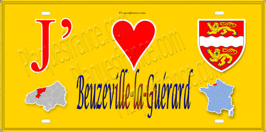 Plaque métal décorative 15X30 J' ❤️ Beuzeville-la-Guérard, Seine Maritime (76) jaune carte