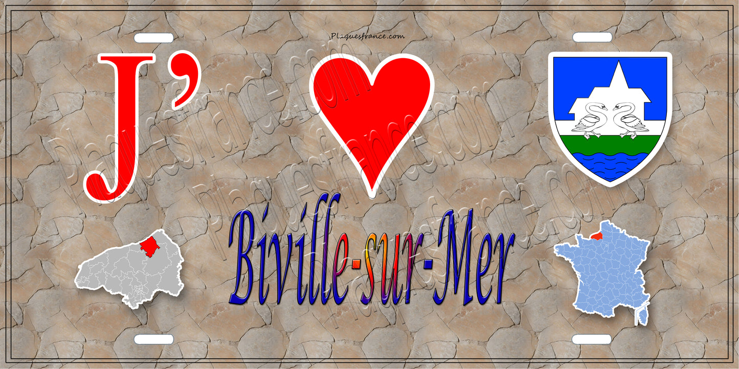 Plaque métal décorative  J' ❤️ Biville-sur-Mer, Seine Maritime (76) antique carte