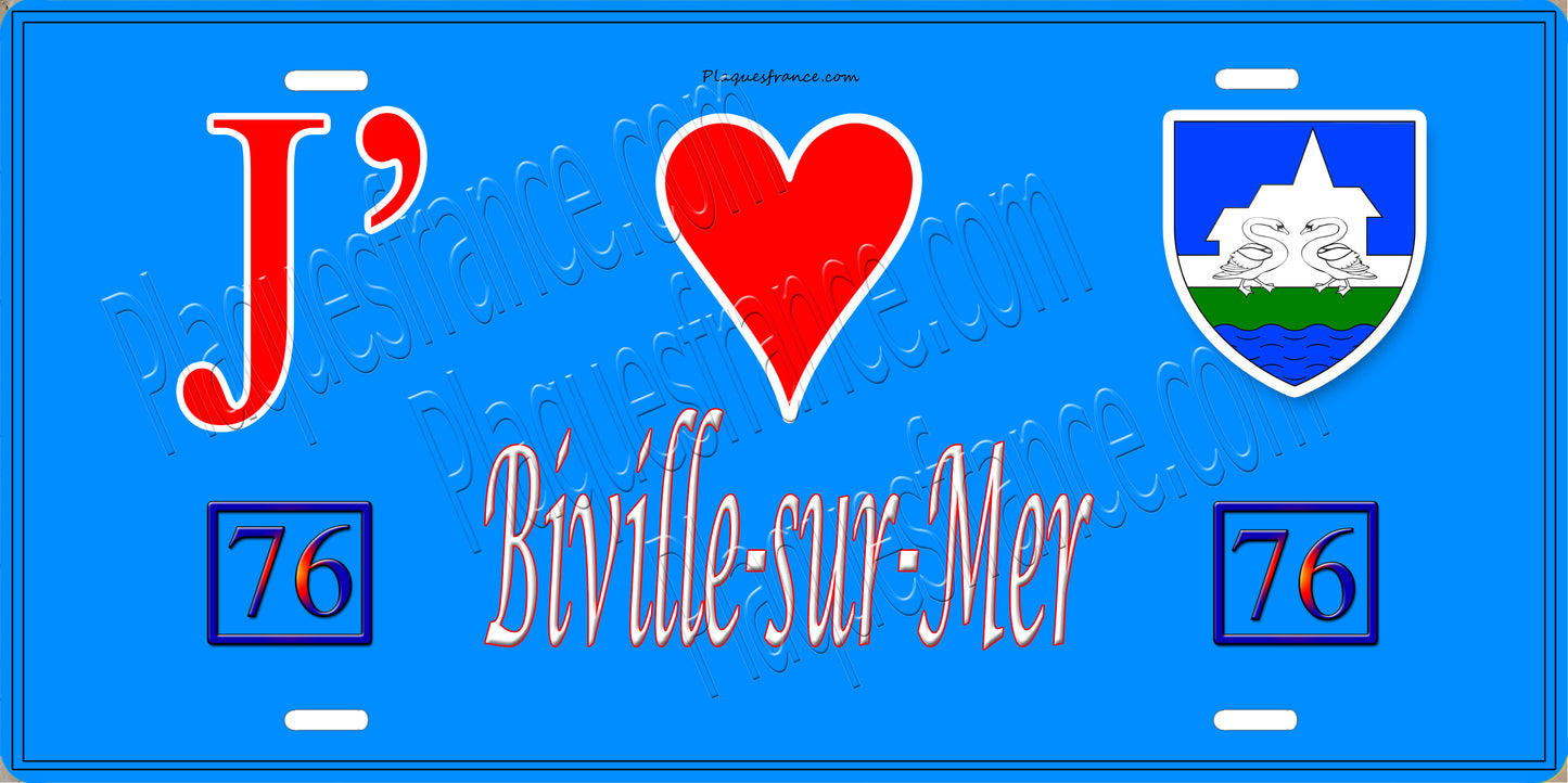 Plaque métal décorative  J' ❤️ Biville-sur-Mer, Seine Maritime (76) bleu