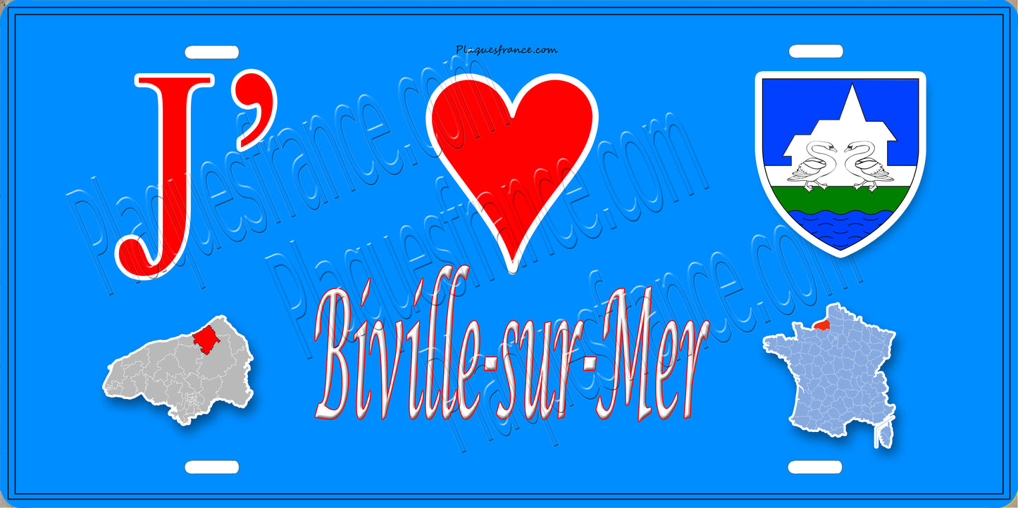 Plaque métal décorative  J' ❤️ Biville-sur-Mer, Seine Maritime (76) bleu carte