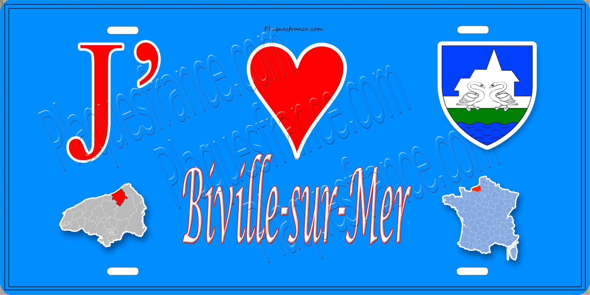 Plaque métal décorative  J' ❤️ Biville-sur-Mer, Seine Maritime (76) bleu carte