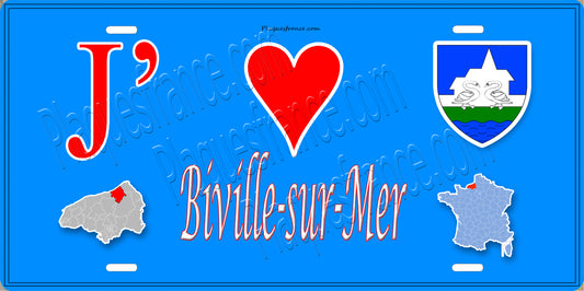 Plaque métal décorative  J' ❤️ Biville-sur-Mer, Seine Maritime (76) bleu carte