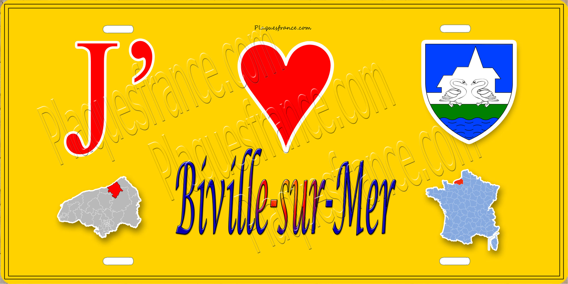 Plaque métal décorative  J' ❤️ Biville-sur-Mer, Seine Maritime (76) jaune carte