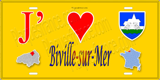 Plaque métal décorative  J' ❤️ Biville-sur-Mer, Seine Maritime (76) jaune carte