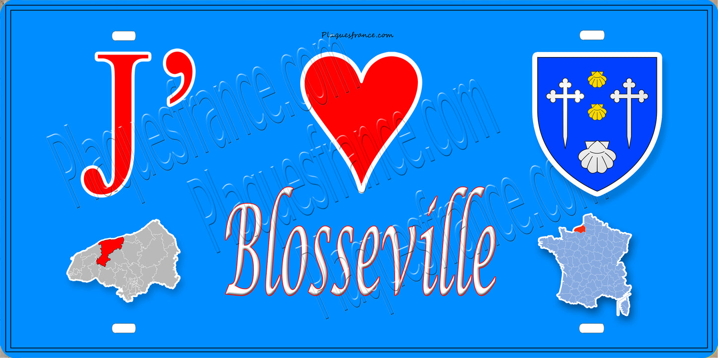 Plaque métal décorative 15X30 J' ❤️ Blosseville, Seine Maritime (76) bleu carte