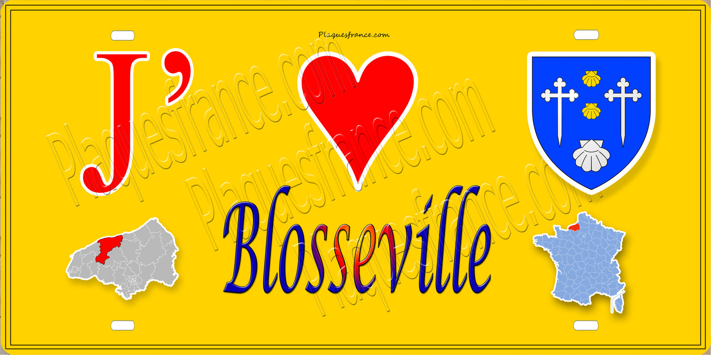 Plaque métal décorative 15X30 J' ❤️ Blosseville, Seine Maritime (76) jaune carte