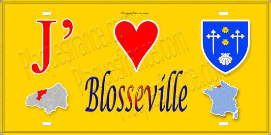 Plaque métal décorative 15X30 J' ❤️ Blosseville, Seine Maritime (76) jaune carte