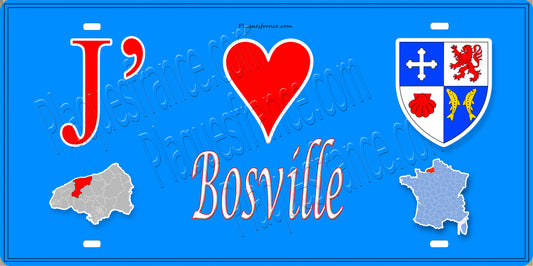 Plaque métal décorative 15X30 J' ❤️ Bosville, Seine Maritime (76) bleu carte