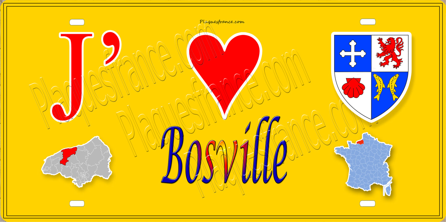 Plaque métal décorative 15X30 J' ❤️ Bosville, Seine Maritime (76) jaune carte