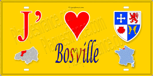 Plaque métal décorative 15X30 J' ❤️ Bosville, Seine Maritime (76) jaune carte