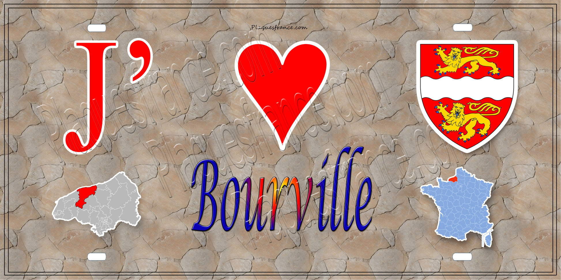 Plaque métal décorative 15X30 J' ❤️ Bourville, Seine Maritime (76) antique carte