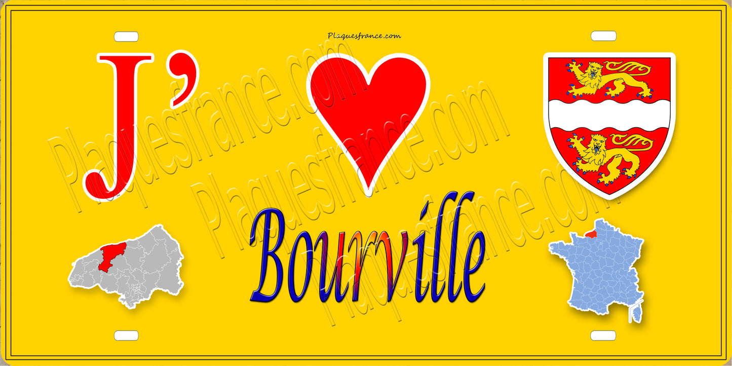 Plaque métal décorative 15X30 J' ❤️ Bourville, Seine Maritime (76) jaune carte