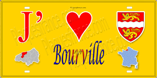 Plaque métal décorative 15X30 J' ❤️ Bourville, Seine Maritime (76) jaune carte