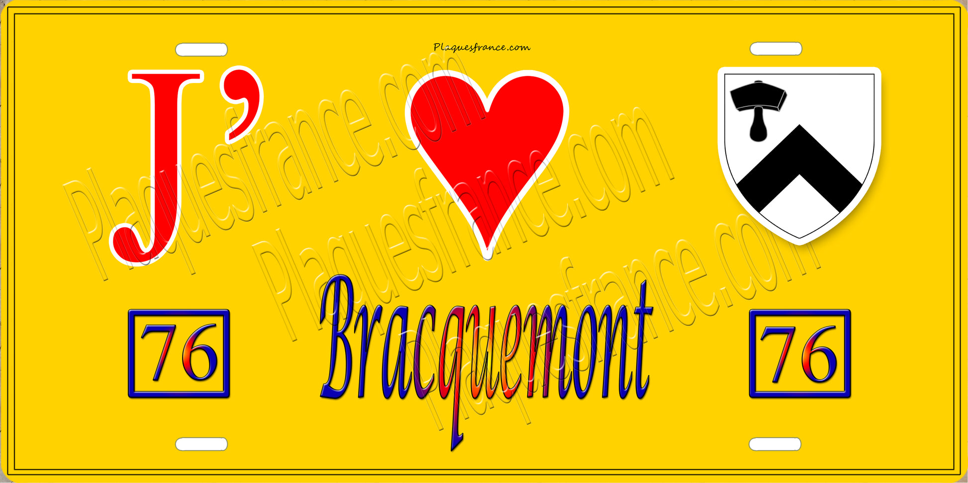 Plaque métal décorative  J' ❤️ Bracquemont, Seine Maritime (76) jaune