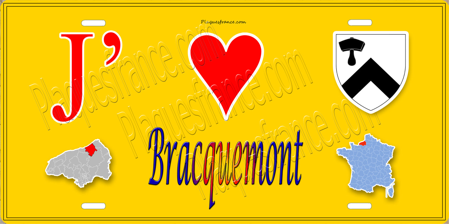 Plaque métal décorative  J' ❤️ Bracquemont, Seine Maritime (76) jaune carte