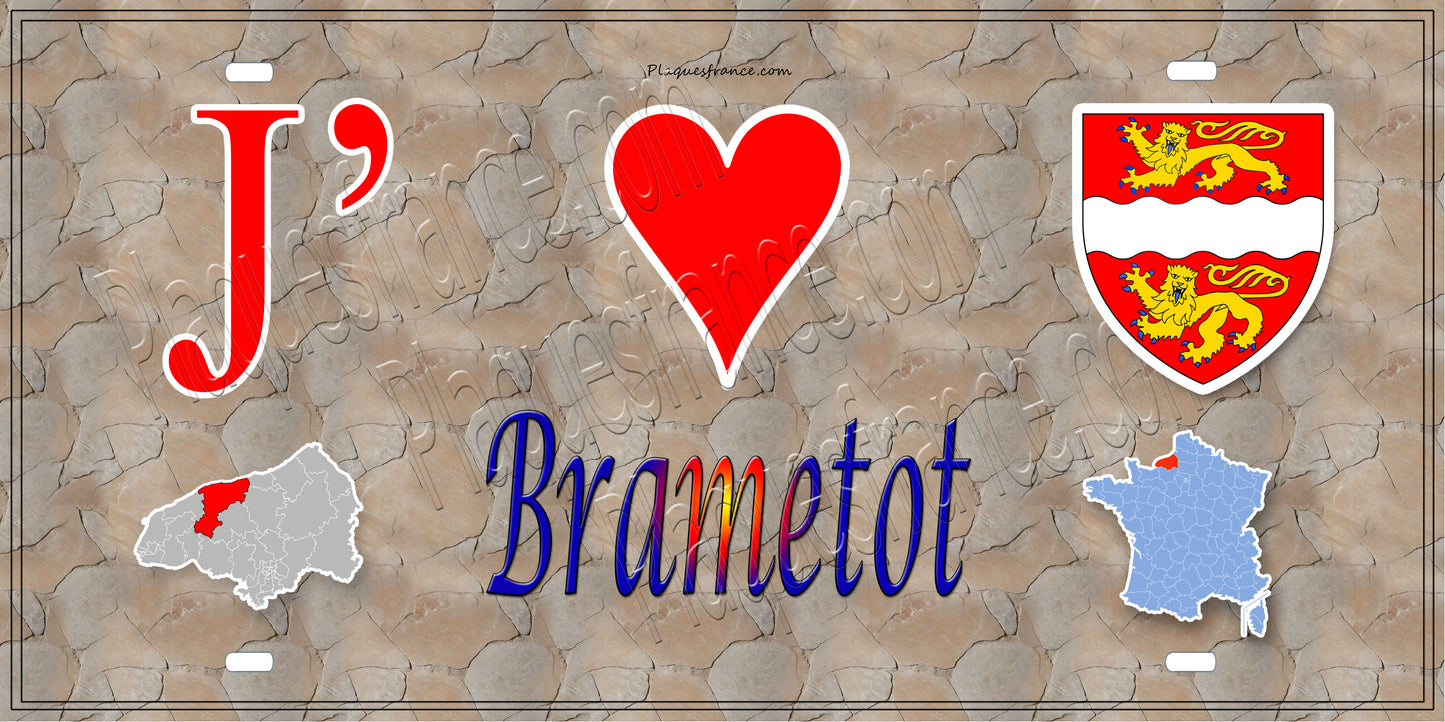 Plaque métal décorative 15X30 J' ❤️ Brametot, Seine Maritime (76) antque carte