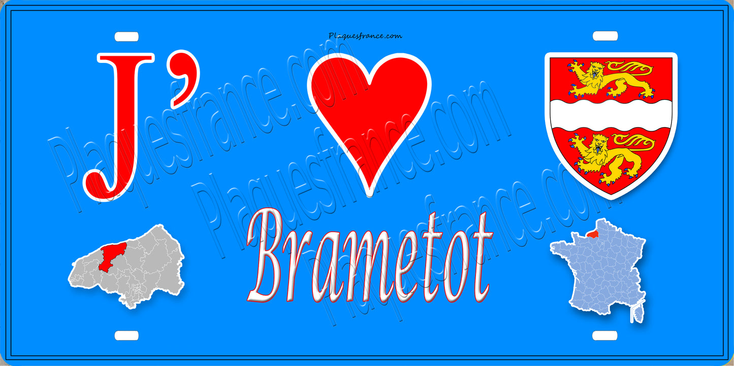 Plaque métal décorative 15X30 J' ❤️ Brametot, Seine Maritime (76) bleu carte