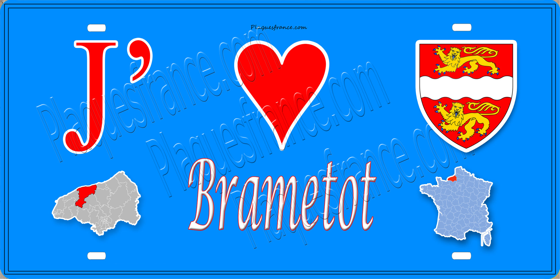 Plaque métal décorative 15X30 J' ❤️ Brametot, Seine Maritime (76) bleu carte