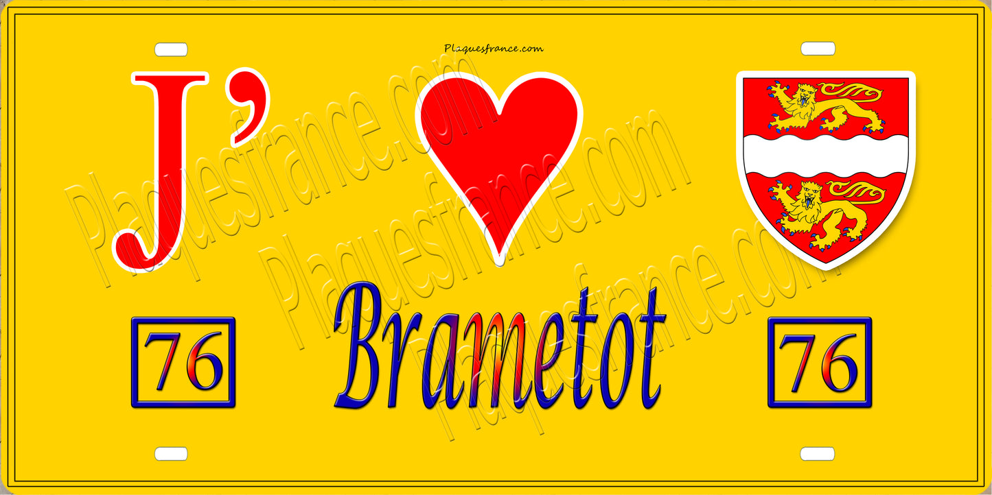 Plaque métal décorative 15X30 J' ❤️ Brametot, Seine Maritime (76) jaune