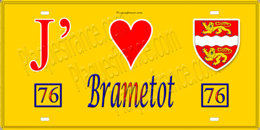 Plaque métal décorative 15X30 J' ❤️ Brametot, Seine Maritime (76) jaune