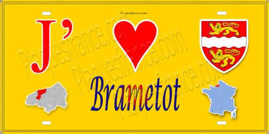 Plaque métal décorative 15X30 J' ❤️ Brametot, Seine Maritime (76) jaune carte