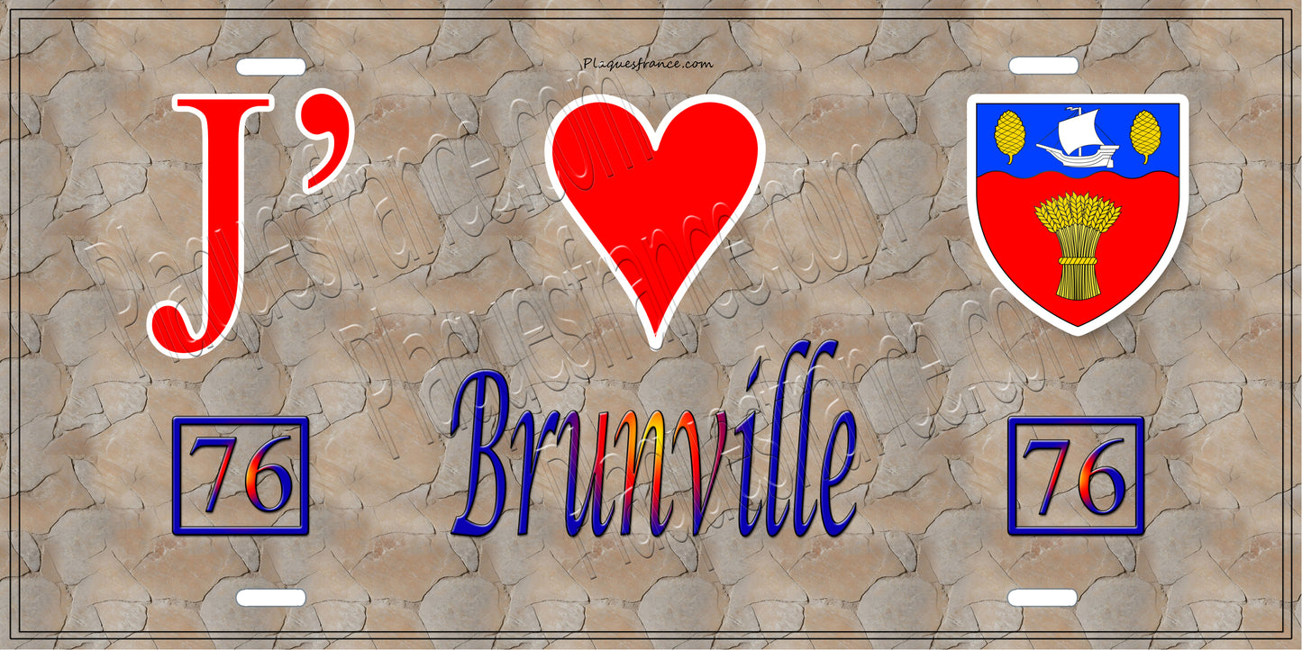 Plaque métal décorative  J' ❤️ Brunville, Seine Maritime (76) antique