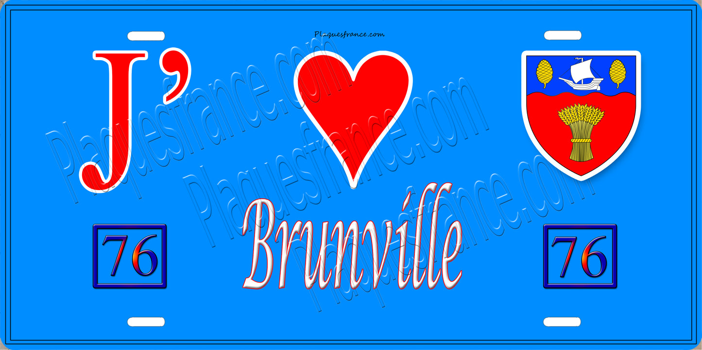 Plaque métal décorative  J' ❤️ Brunville, Seine Maritime (76) bleu