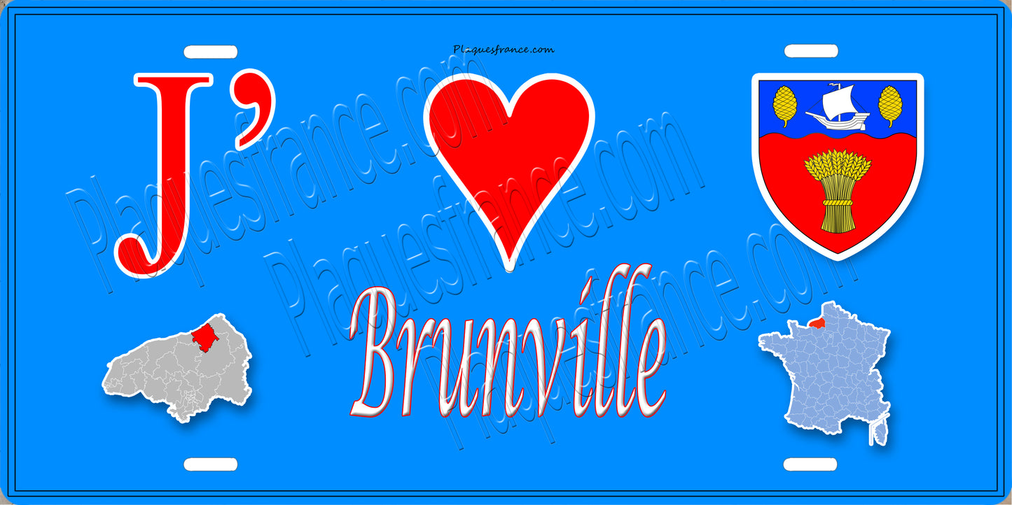 Plaque métal décorative  J' ❤️ Brunville, Seine Maritime (76) bleu carte