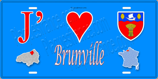 Plaque métal décorative  J' ❤️ Brunville, Seine Maritime (76) bleu carte