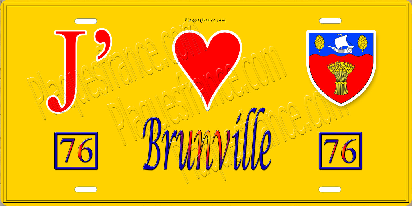 Plaque métal décorative  J' ❤️ Brunville, Seine Maritime (76) jaune