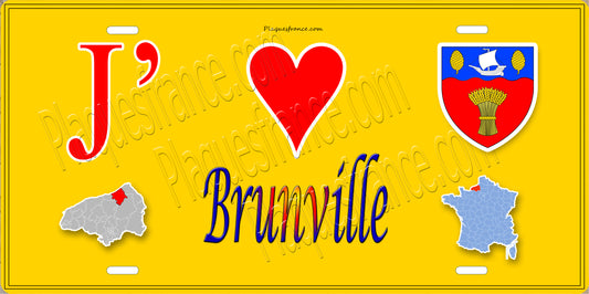 Plaque métal décorative  J' ❤️ Brunville, Seine Maritime (76) jaune carte