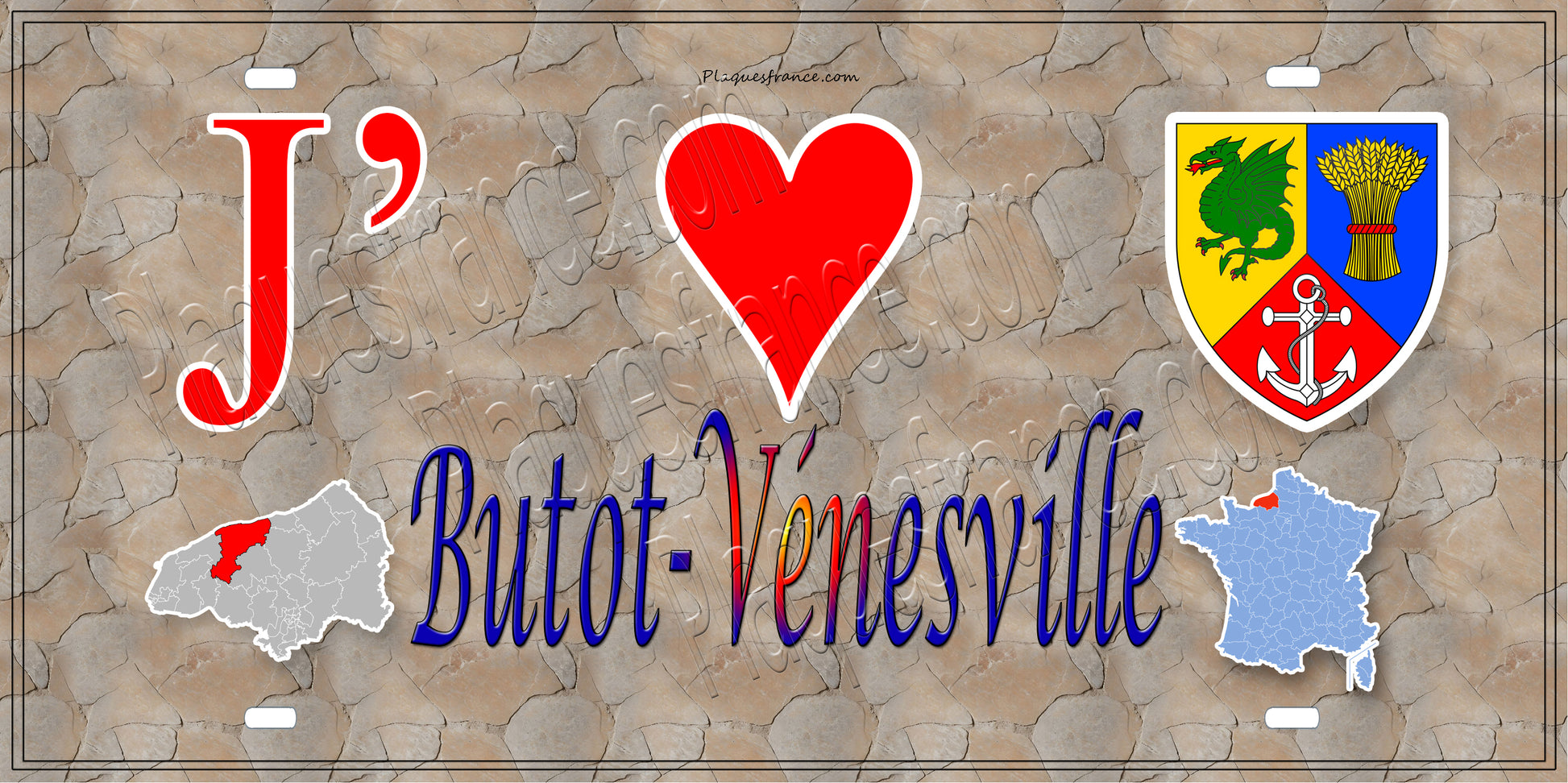 Plaque métal décorative 15X30 J' ❤️ Butot-Vénesville, Seine Maritime (76) antique carte