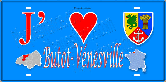 Plaque métal décorative 15X30 J' ❤️ Butot-Vénesville, Seine Maritime (76) bleu carte