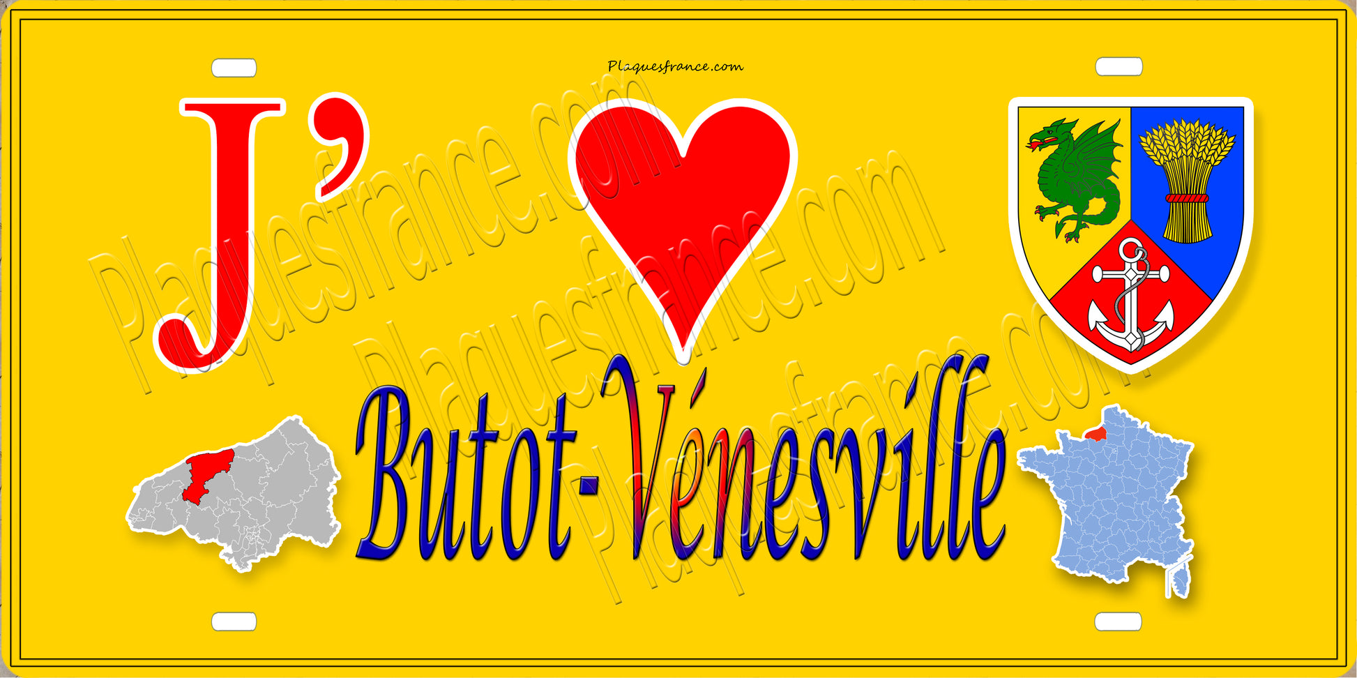 Plaque métal décorative 15X30 J' ❤️ Butot-Vénesville, Seine Maritime (76) jaune carte