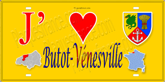 Plaque métal décorative 15X30 J' ❤️ Butot-Vénesville, Seine Maritime (76) jaune carte