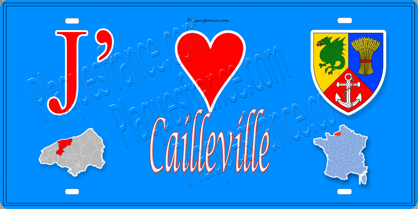 Plaque métal décorative 15X30 J' ❤️ Cailleville, Seine Maritime (76) bleu carte