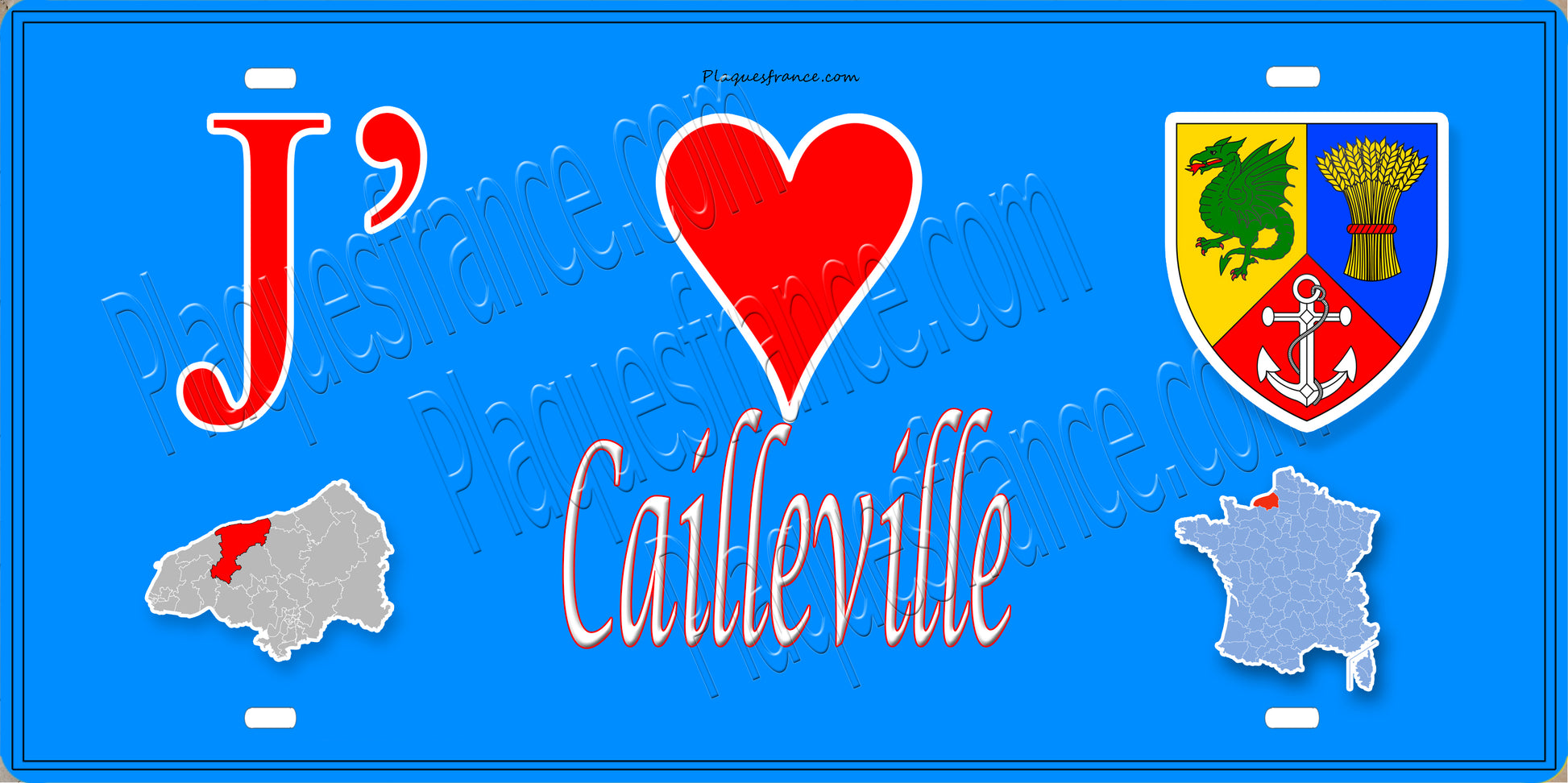 Plaque métal décorative 15X30 J' ❤️ Cailleville, Seine Maritime (76) bleu carte
